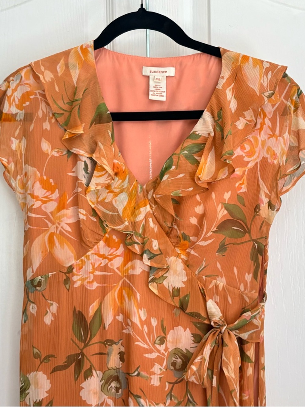 Sundance, Floral Ruffle Wrap Dress in Rust Orange, 4P - Picture 4 of 8